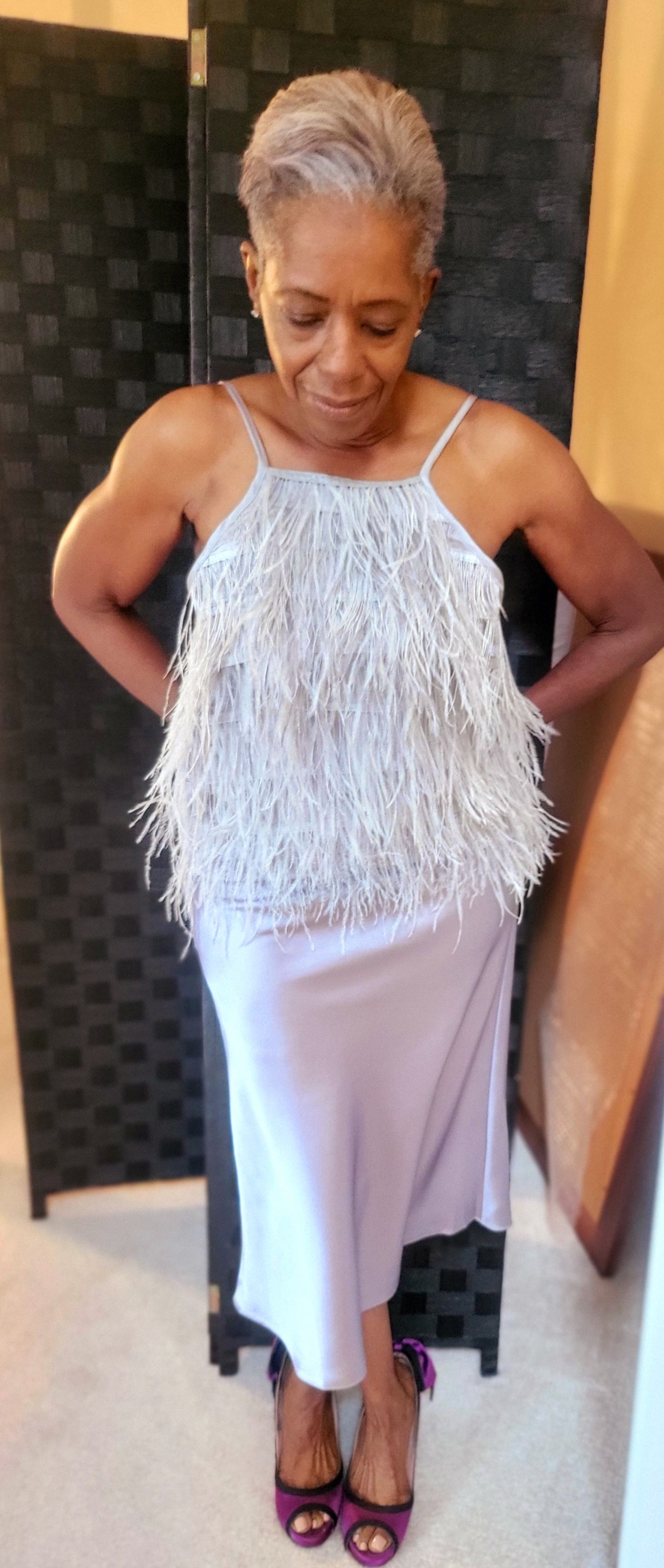 Grey Satin 2pc skirt and camisole with feathers