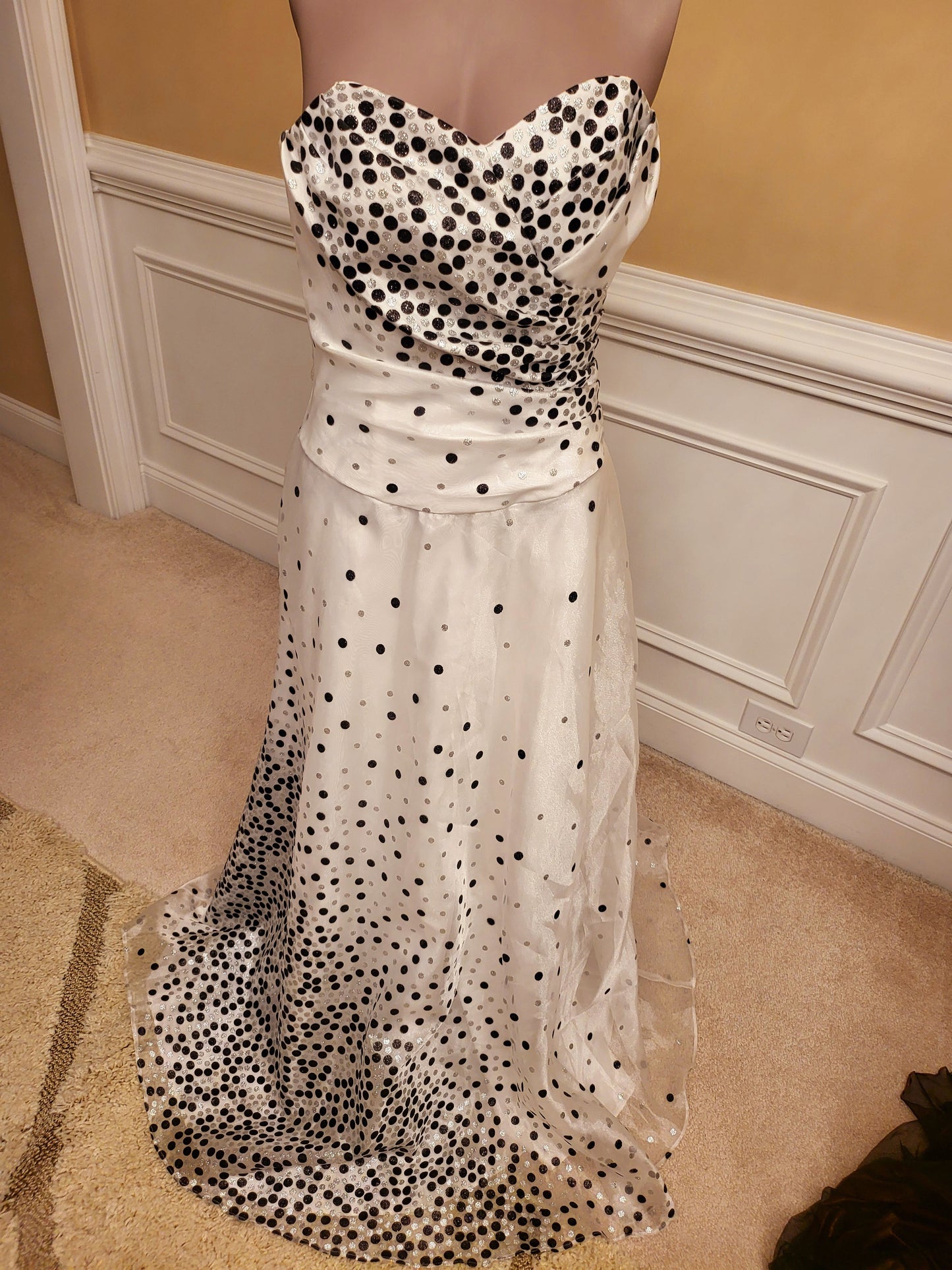 White and Black Polka Dot Evening Gown
