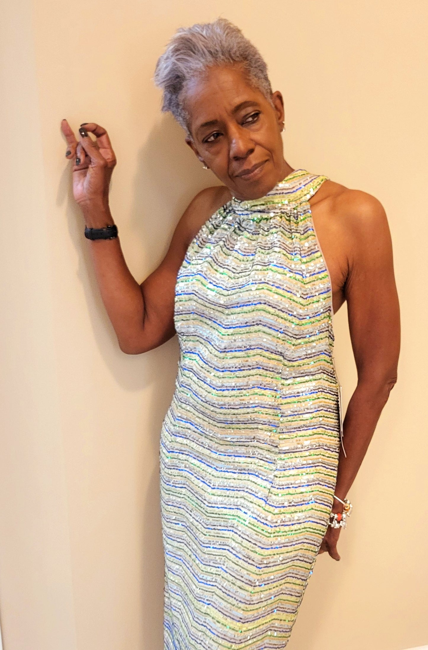 Green Blue Yellow Sequined Cocktail Dress Sleeveless