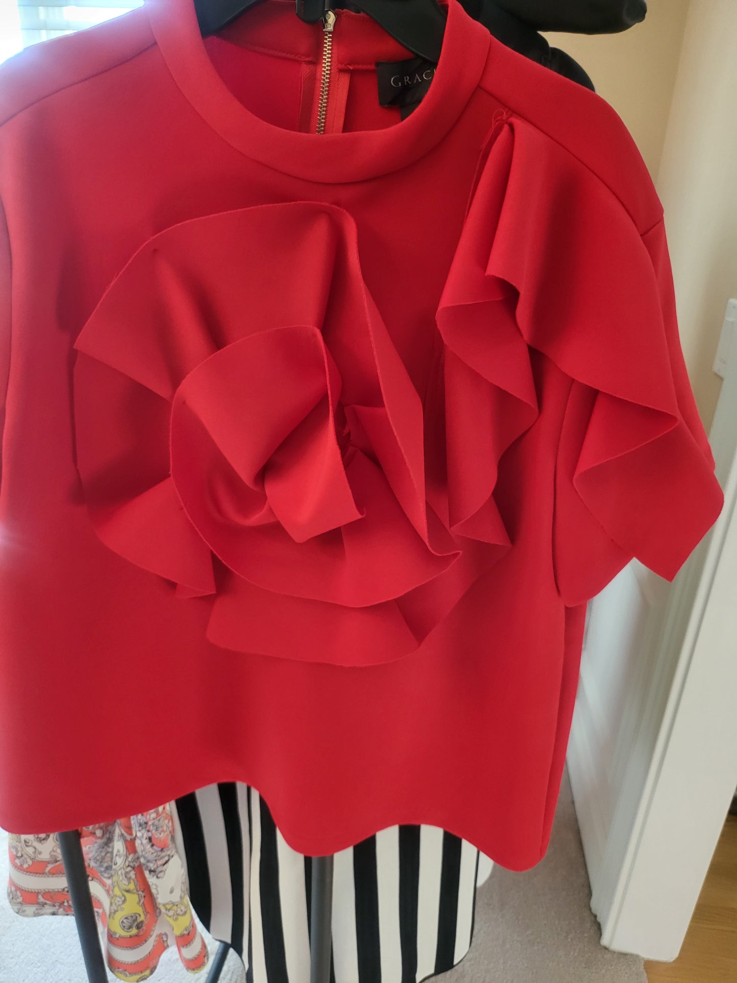Red Top with Flower Applique Short Sleeves