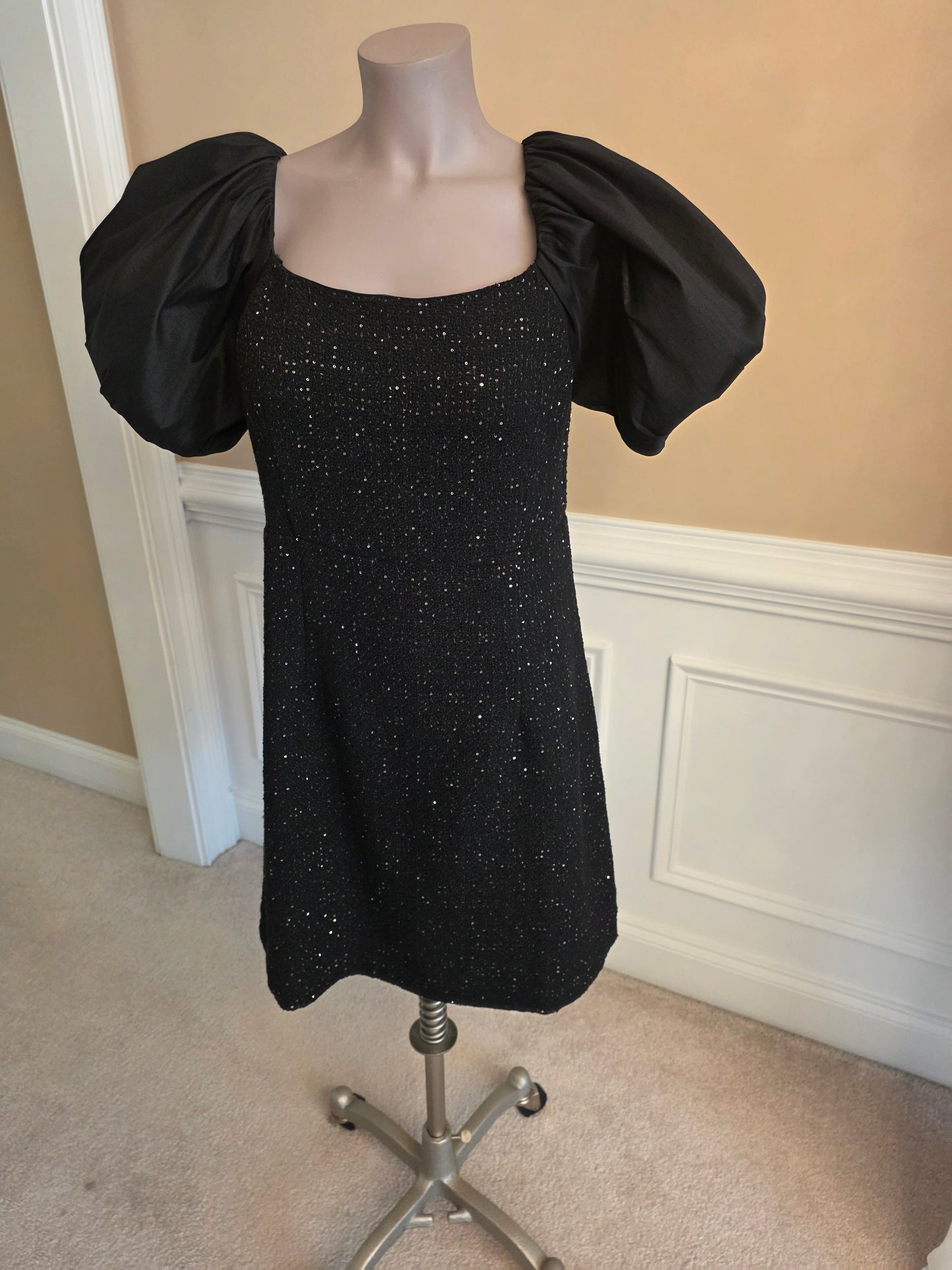 Black Dress with Gold Sparkles and Puffy Short Sleeves