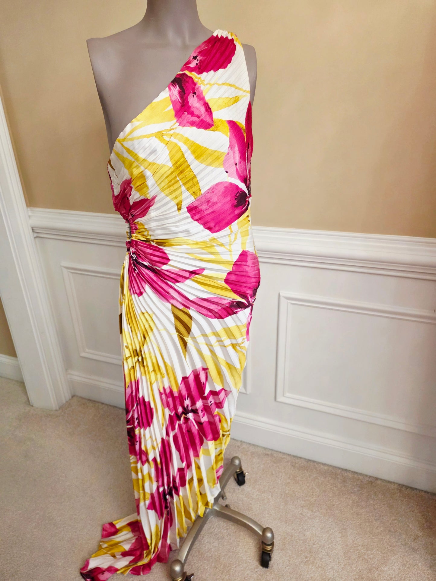 Pink and Yellow Floral Pleated One Shoulder Dress