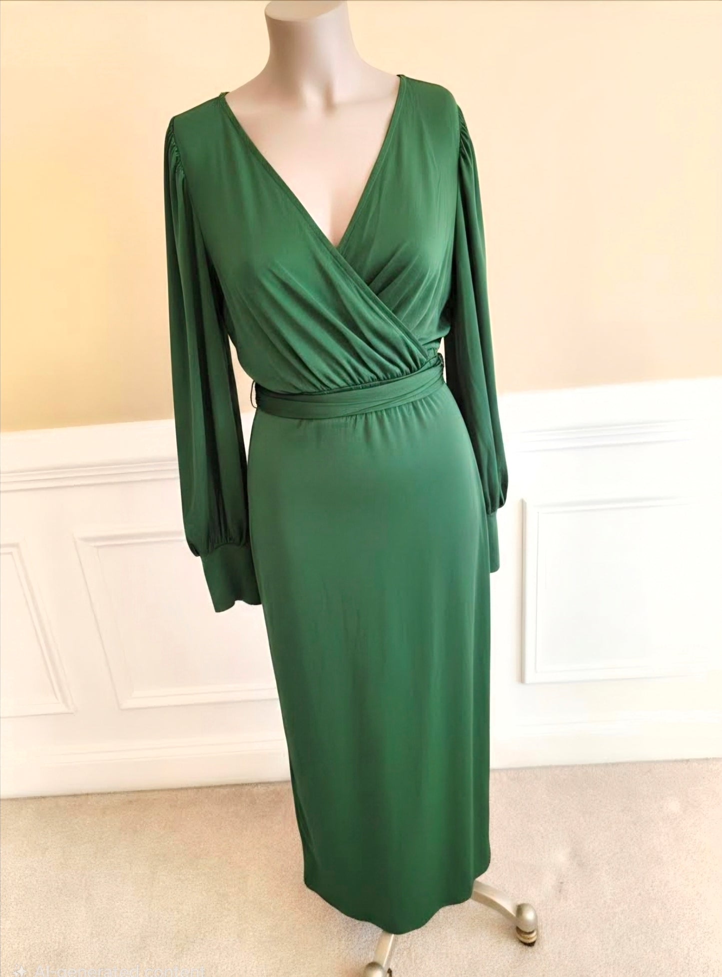 Green long sleeve jersey dress with wrap belt