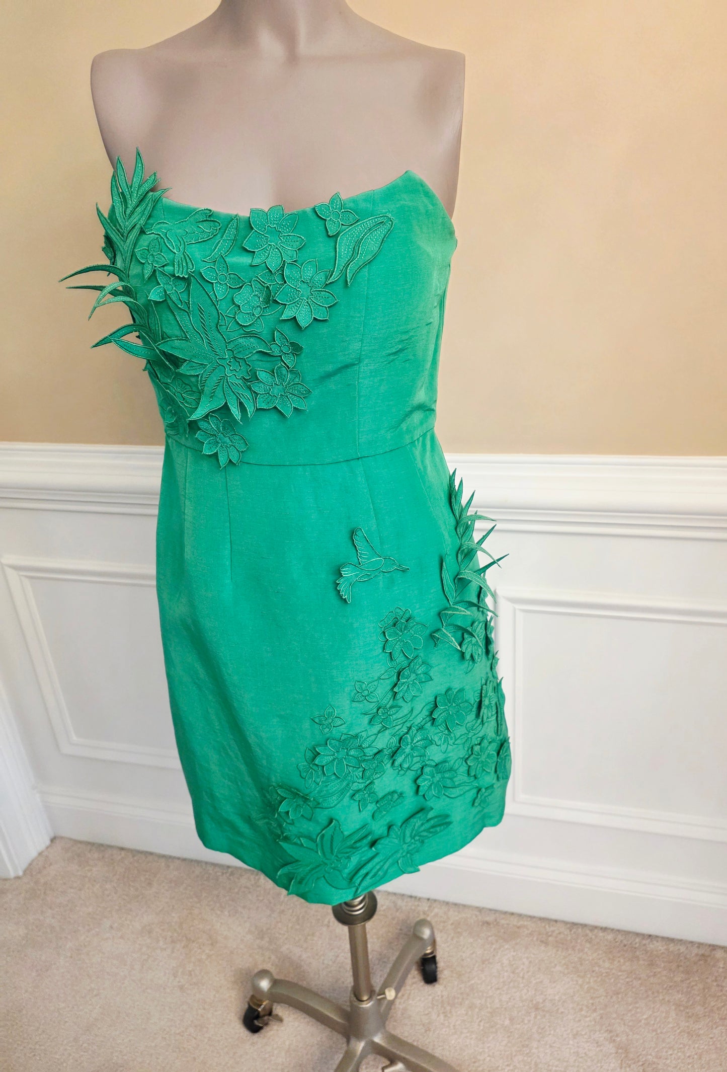 Green Shantung Silk Strapless Cocktail Dress with Floral Applique