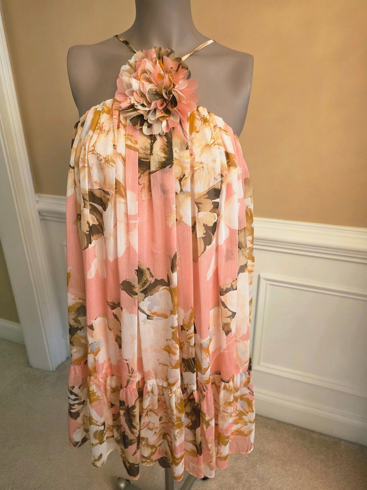 Pink Floral Chiffon Sundress with Criss-Cross Back