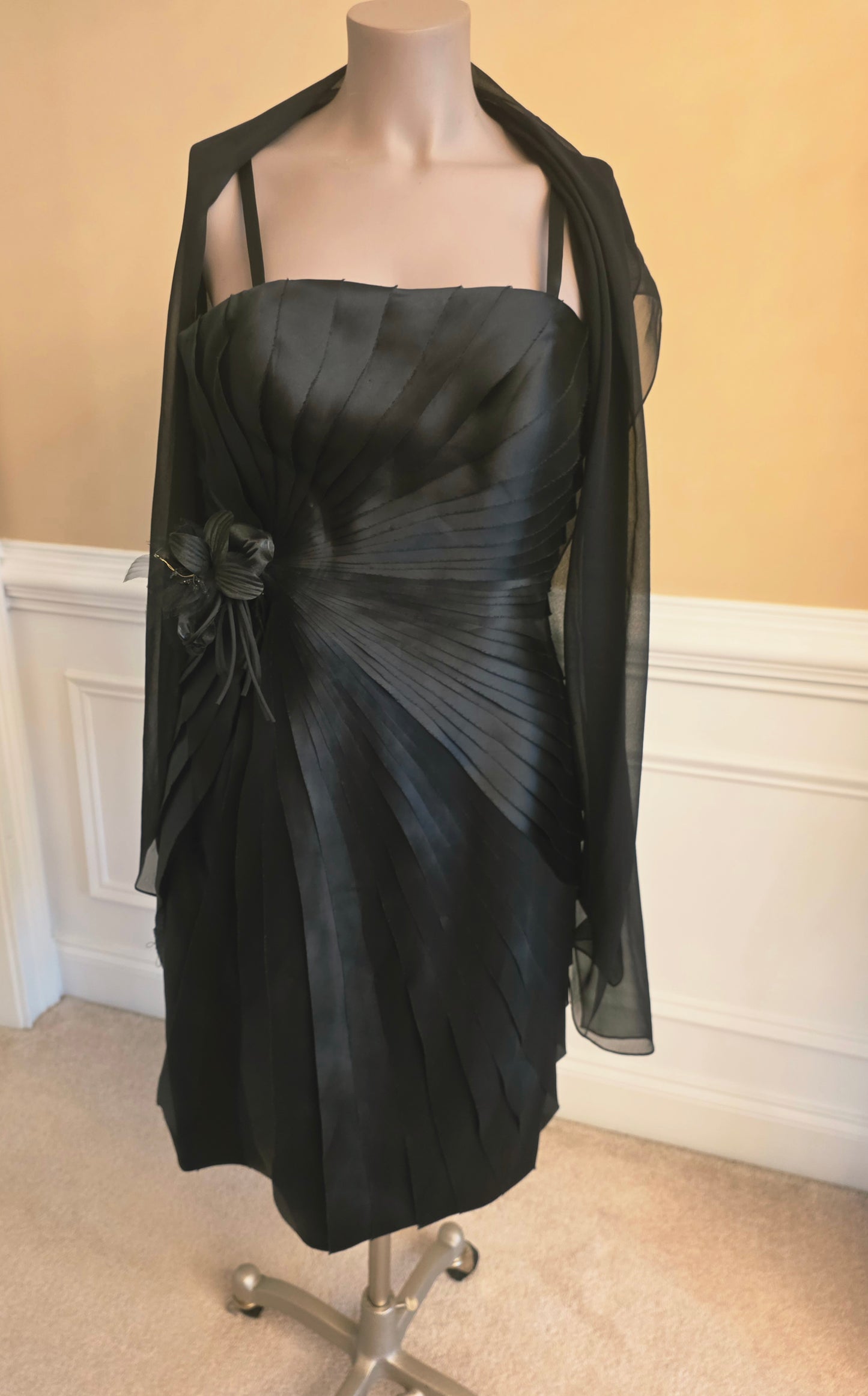 Black Silk Dress with Shawl and Flower- Liz Elana