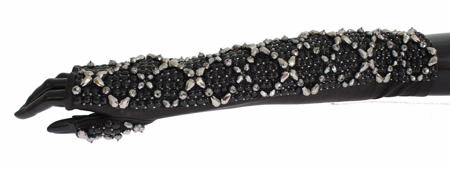 Elegant Crystal Beaded Leather Gloves