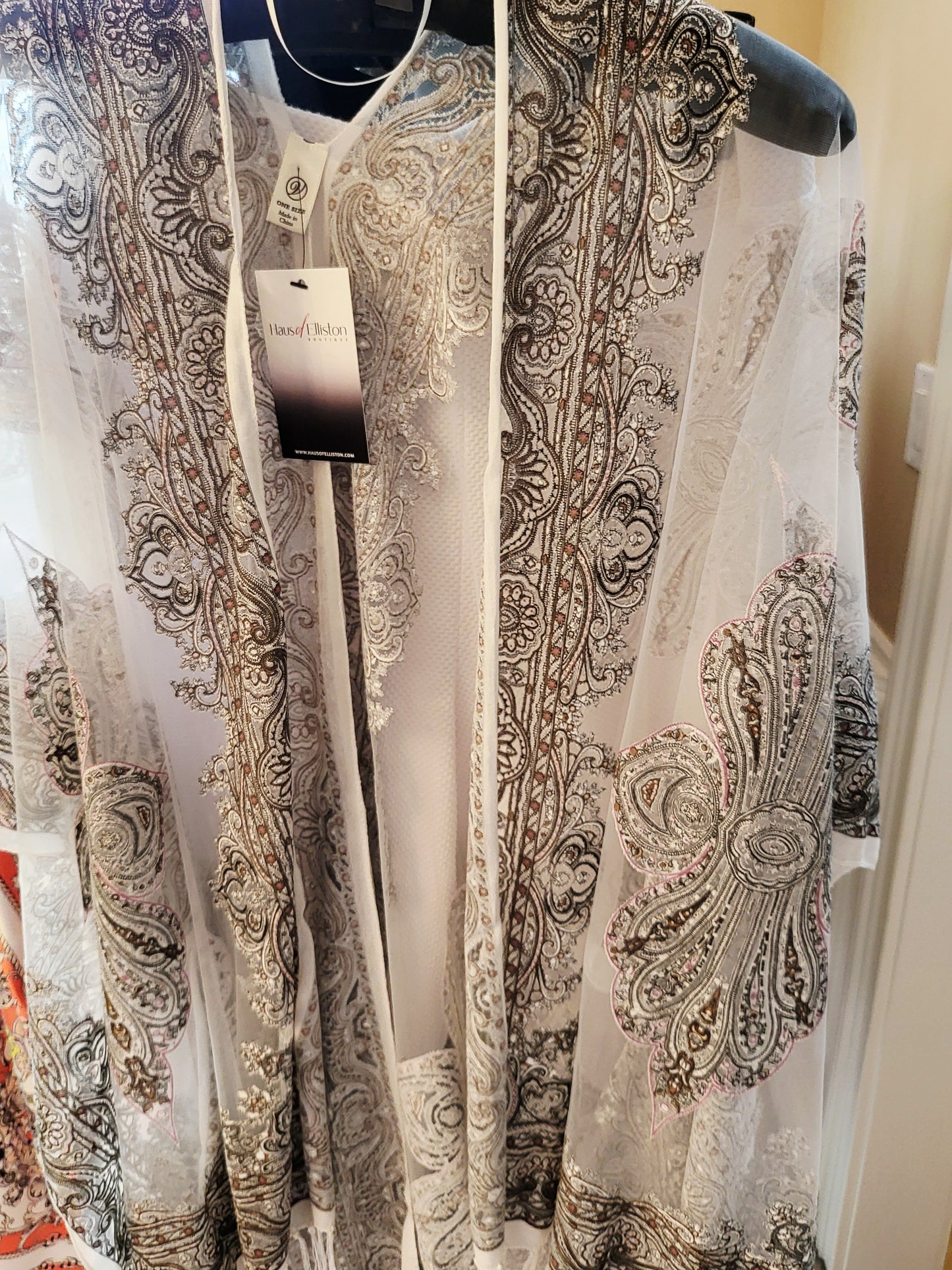 White Shawl with grey embroidery