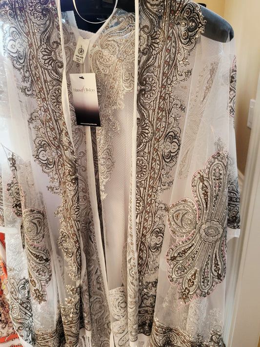 White Shawl with grey embroidery
