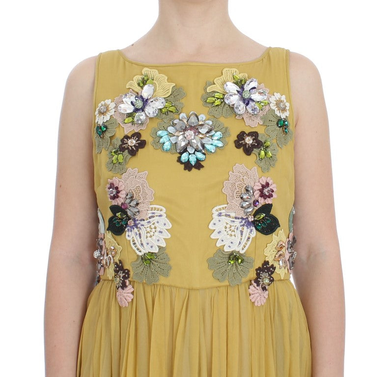 Enchanting Yellow Silk Floral Appliqué Gown