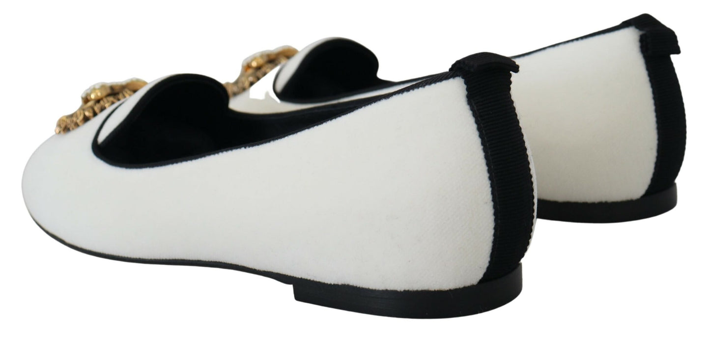 Elegant White Velvet Loafers with Gold Heart Detail