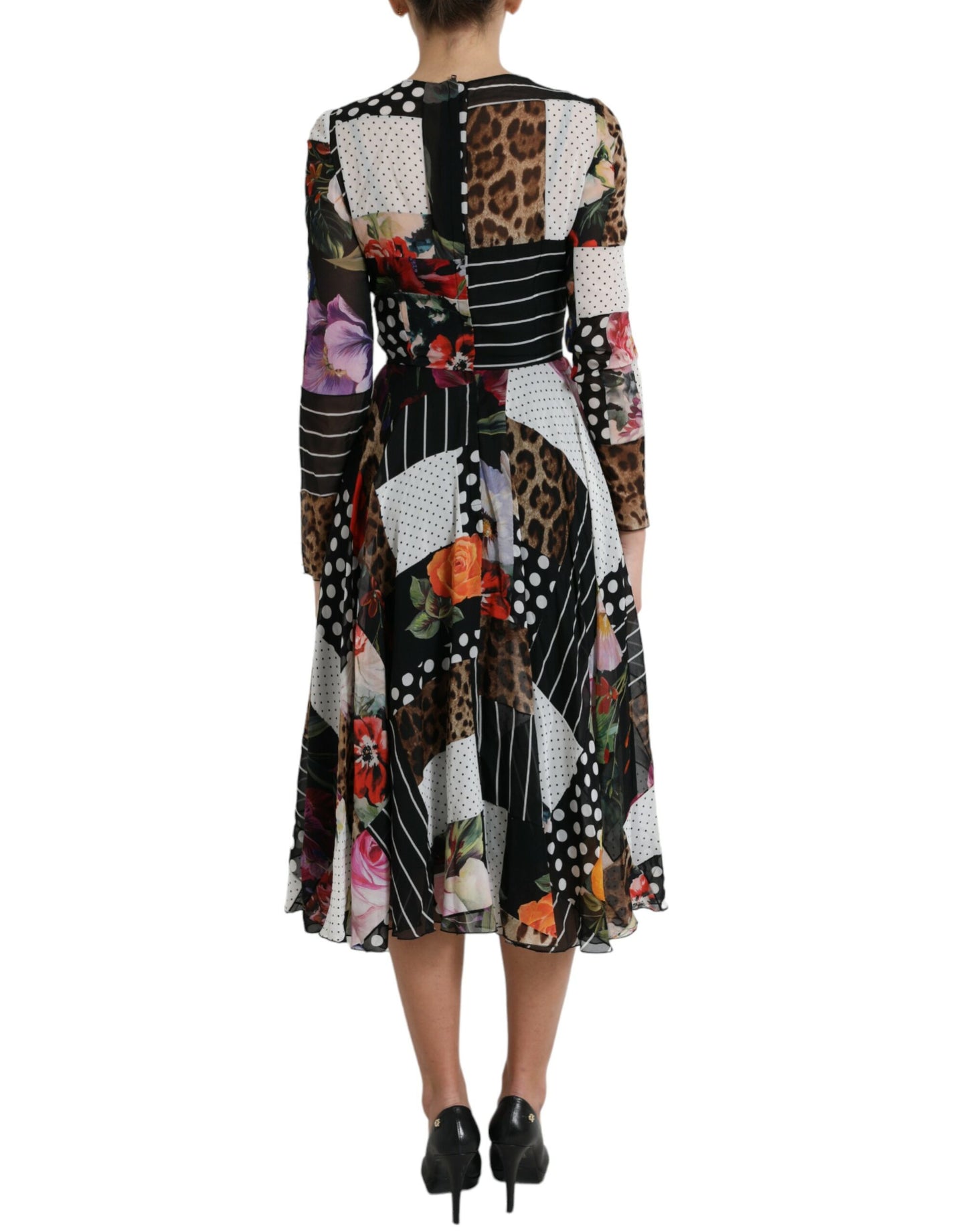 Elegant Patchwork Silk Midi A-Line Dress