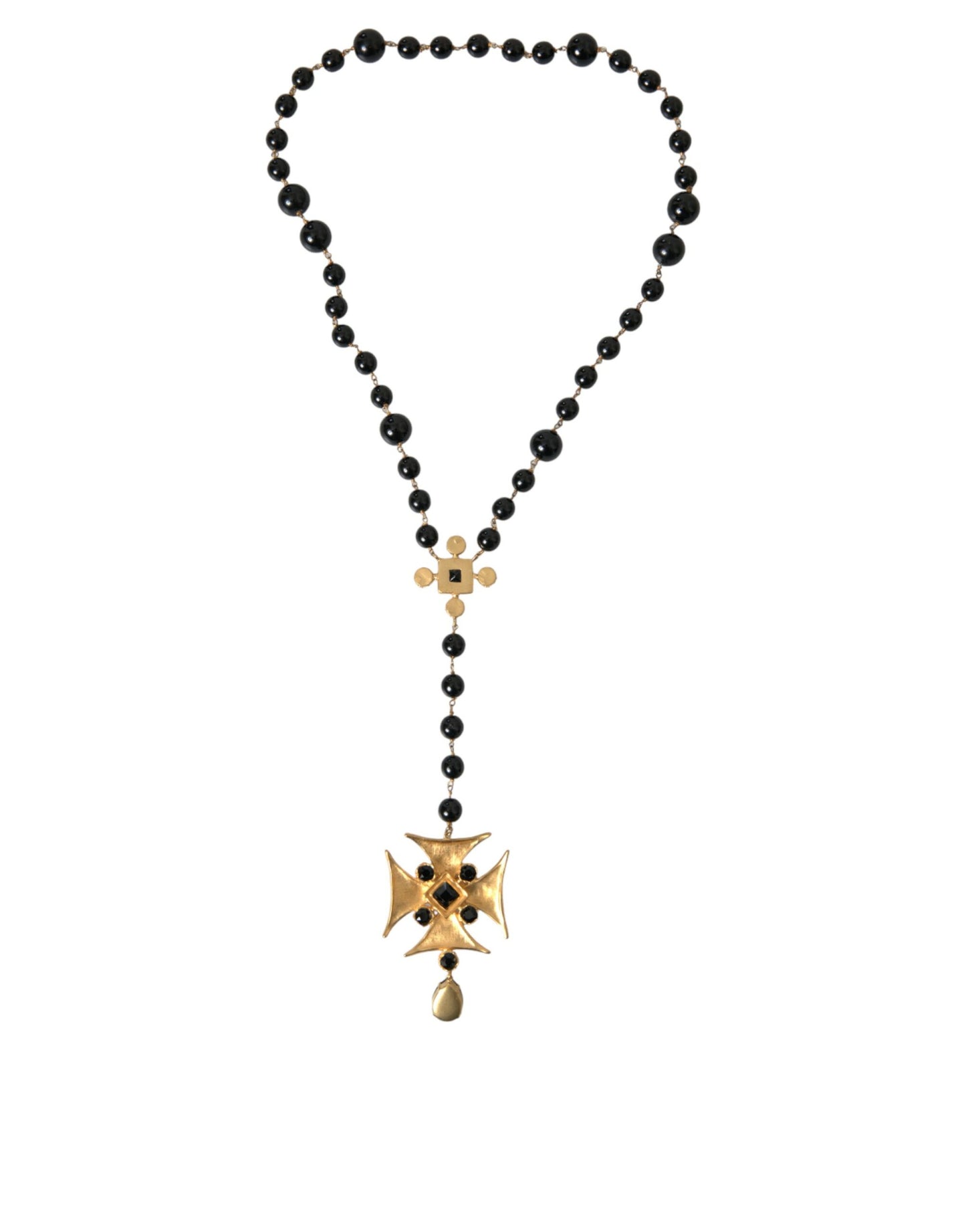 Gold Tone Brass Cross Black Beaded Chain Rosary Necklace