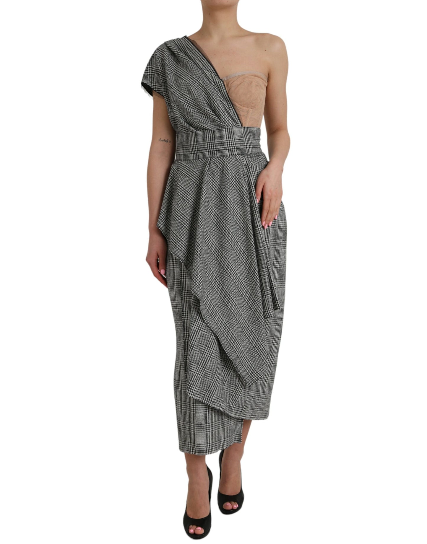 Gray Beige Layered One Shoulder Maxi Dress