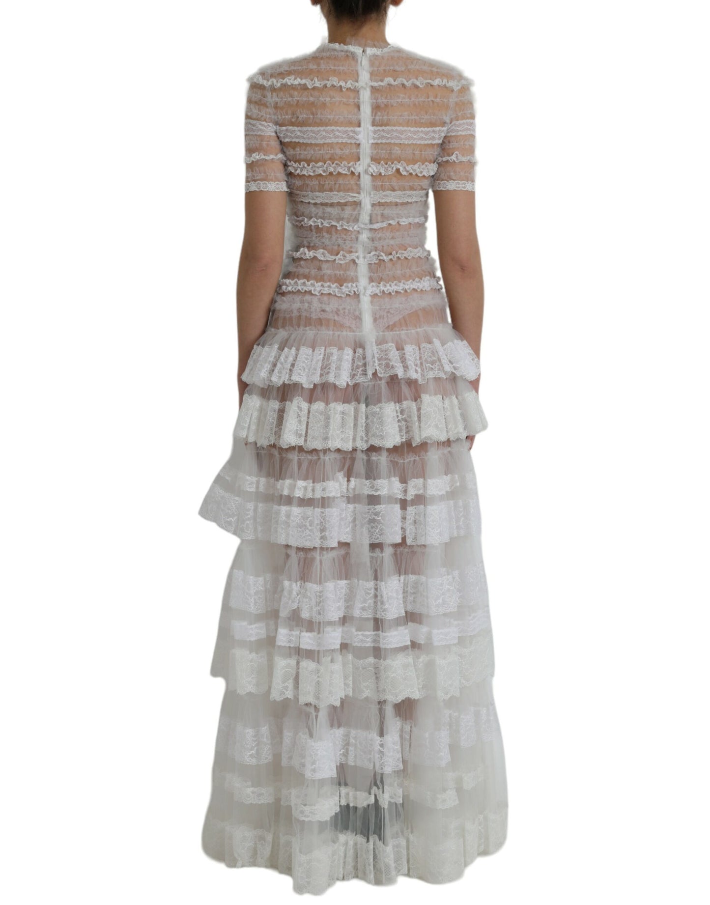 White Nylon Sheer Tiered Lace Maxi Dress