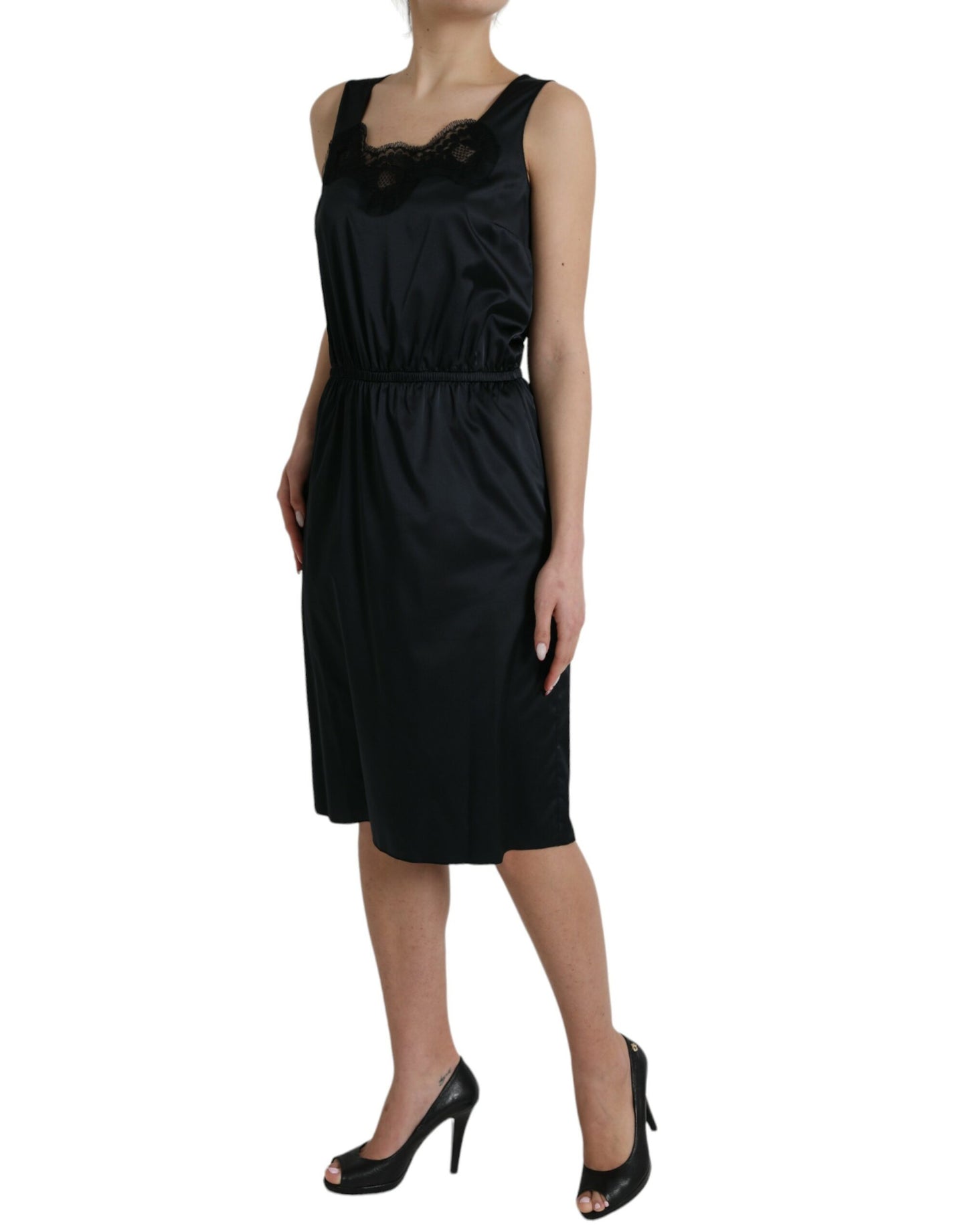 Black Polyester Lace Trim Sheath Midi Dress