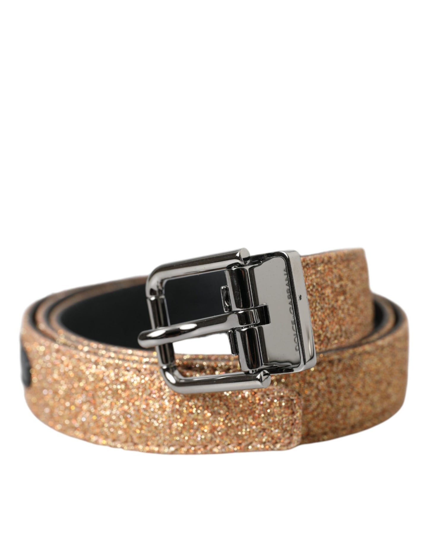 Gold Glitter Leather Silver Metal Buckle Belt