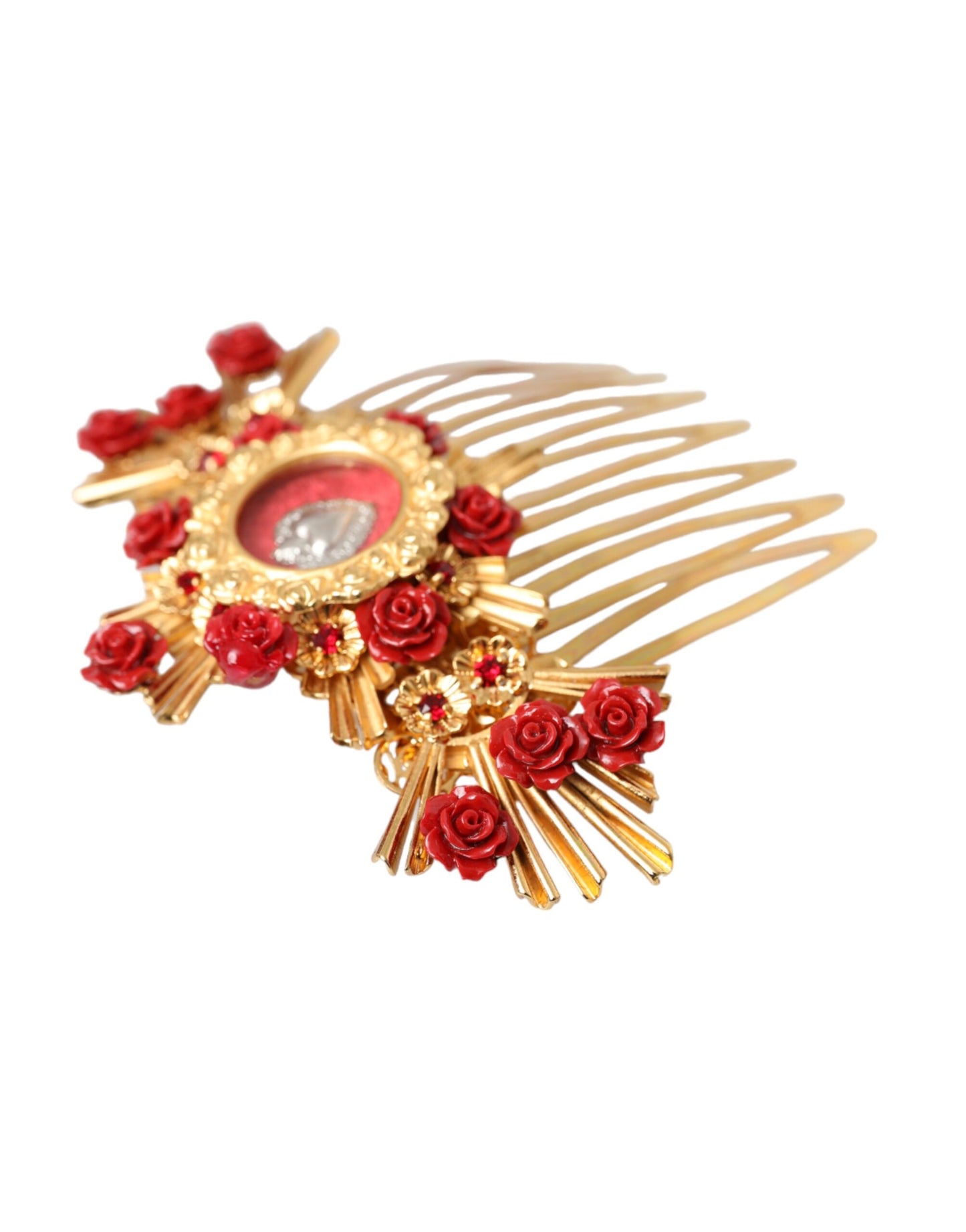 Gold Brass Crystal Heart Floral Hair Comb