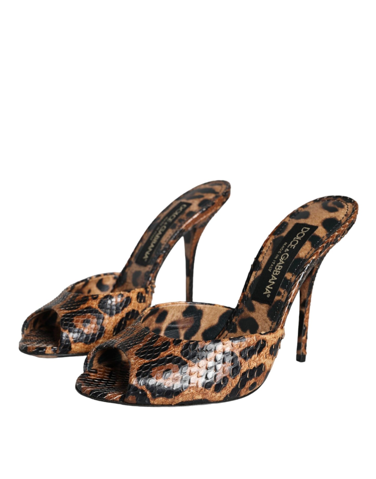 Brown Leopard Leather Slides Heels Sandals Shoes