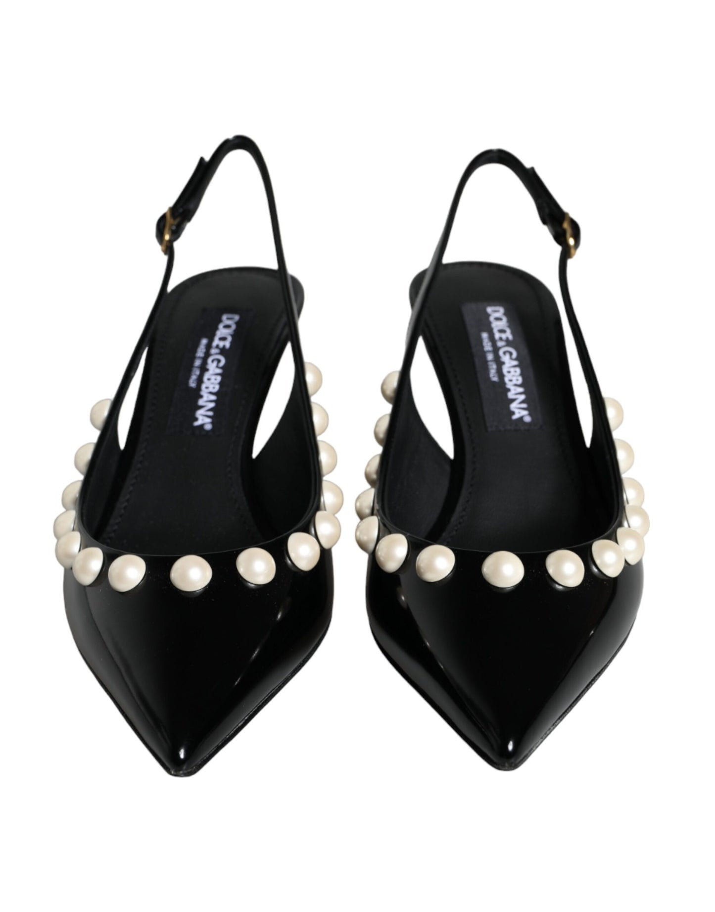 Black Leather Faux Pearl Heel Slingback Shoes