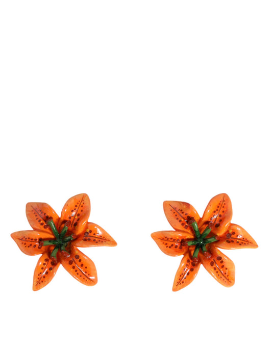 Orange Green Gold Brass Lily Flower Clip Floral Earrings