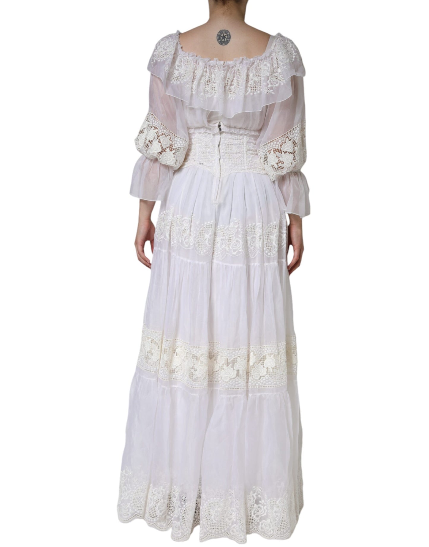 White Floral Lace Corset Cotton Maxi Dress