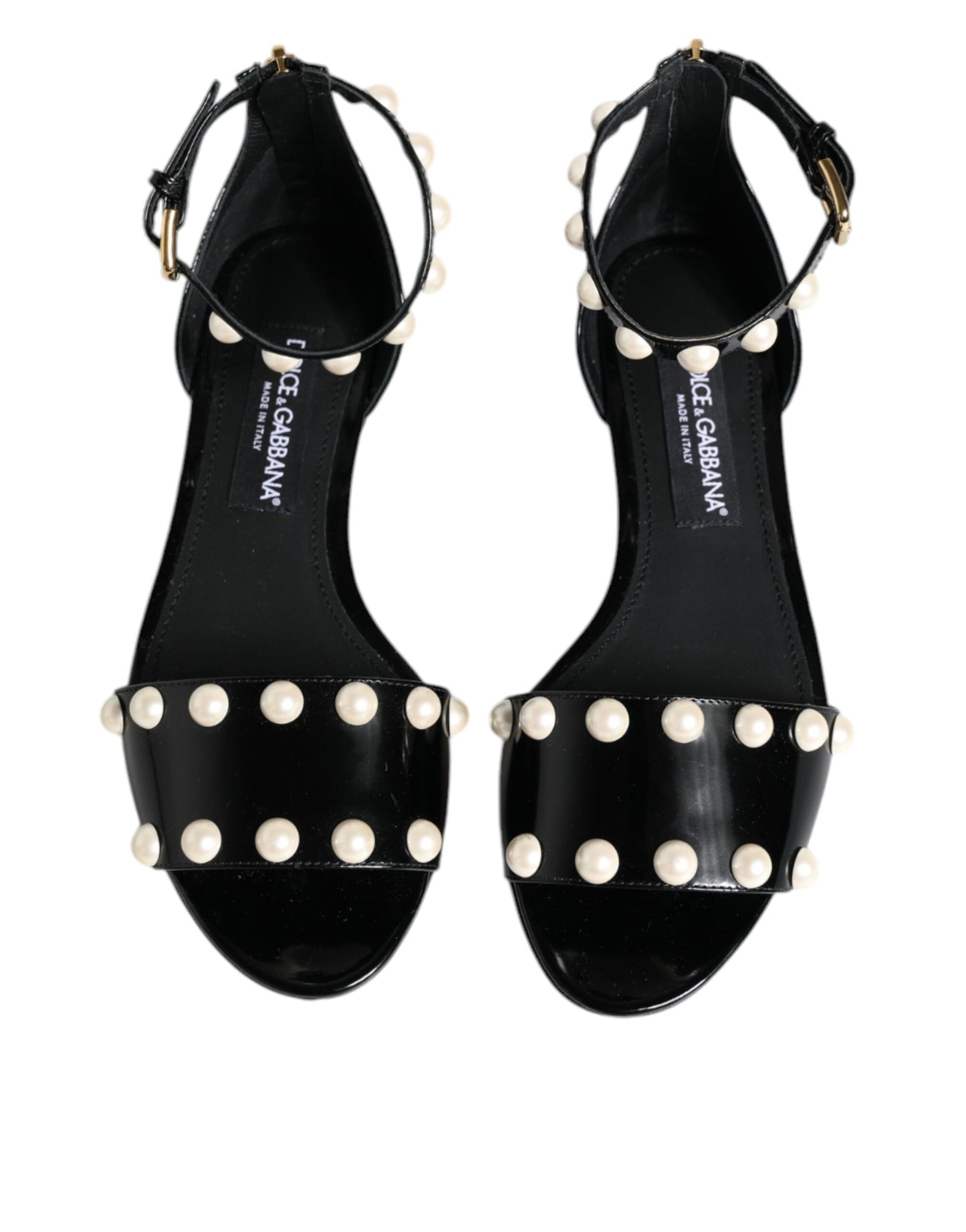 Black Leather Pearls Ankle Strap Sandals Shoes