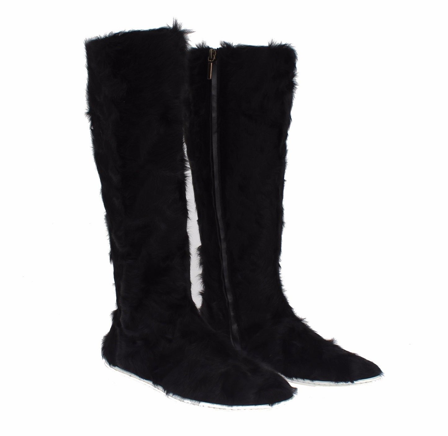 Elegant Black Fur Leather Flat Sneaker Boots