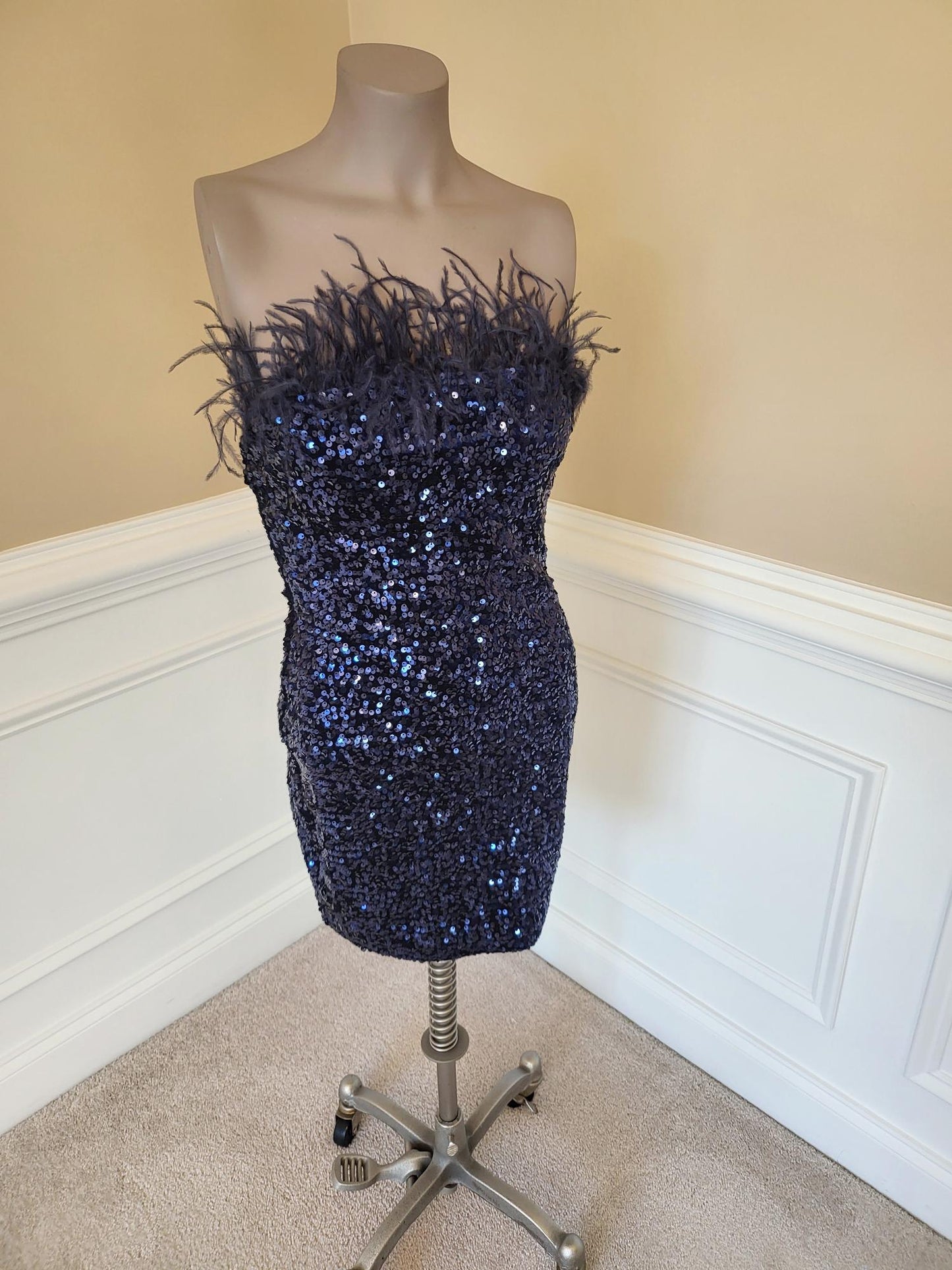 Navy Sequin Mini Dress with Feathers