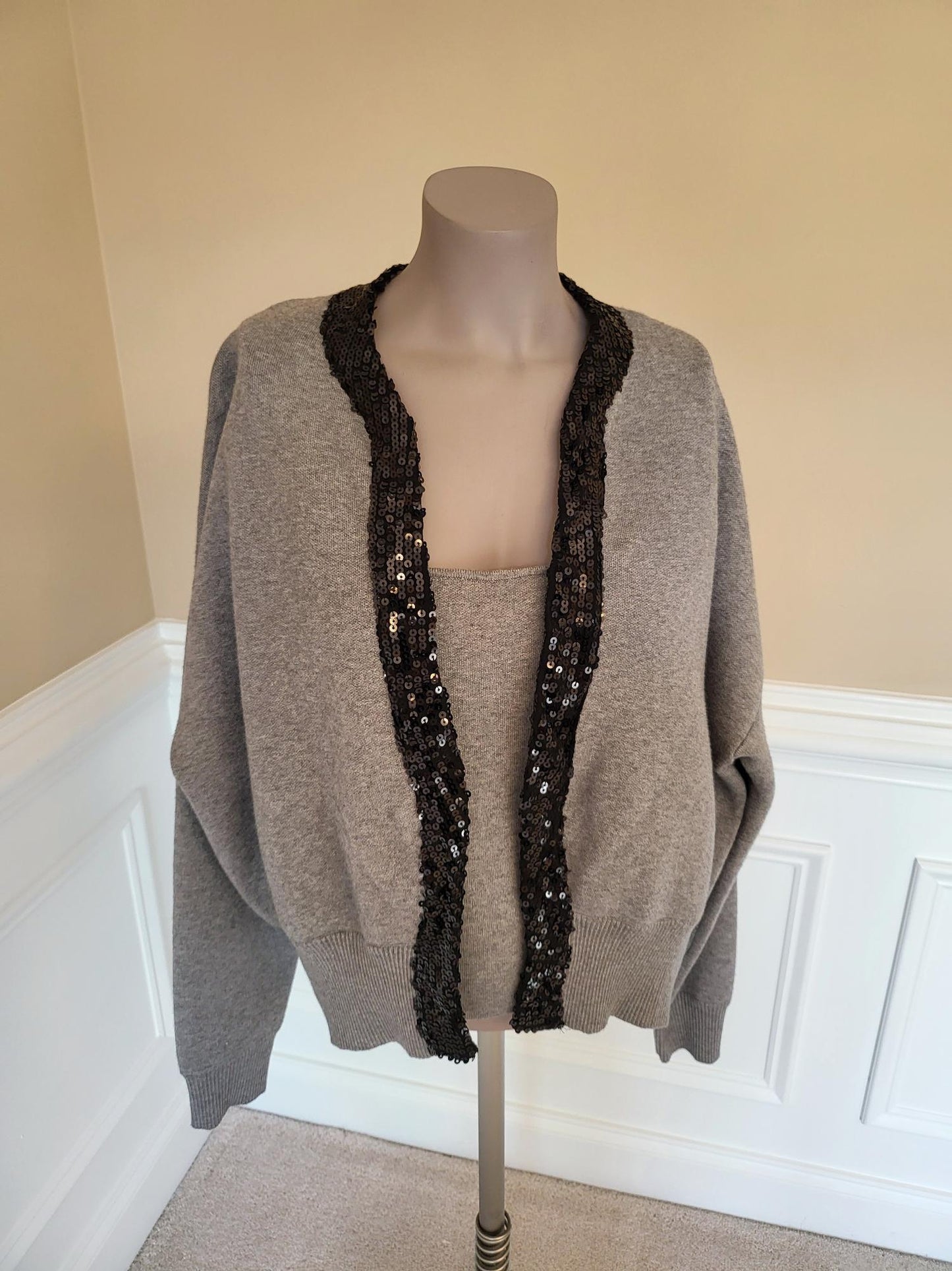 Badgley Mischka 2pc Grey Sweater Set with Black Sequins