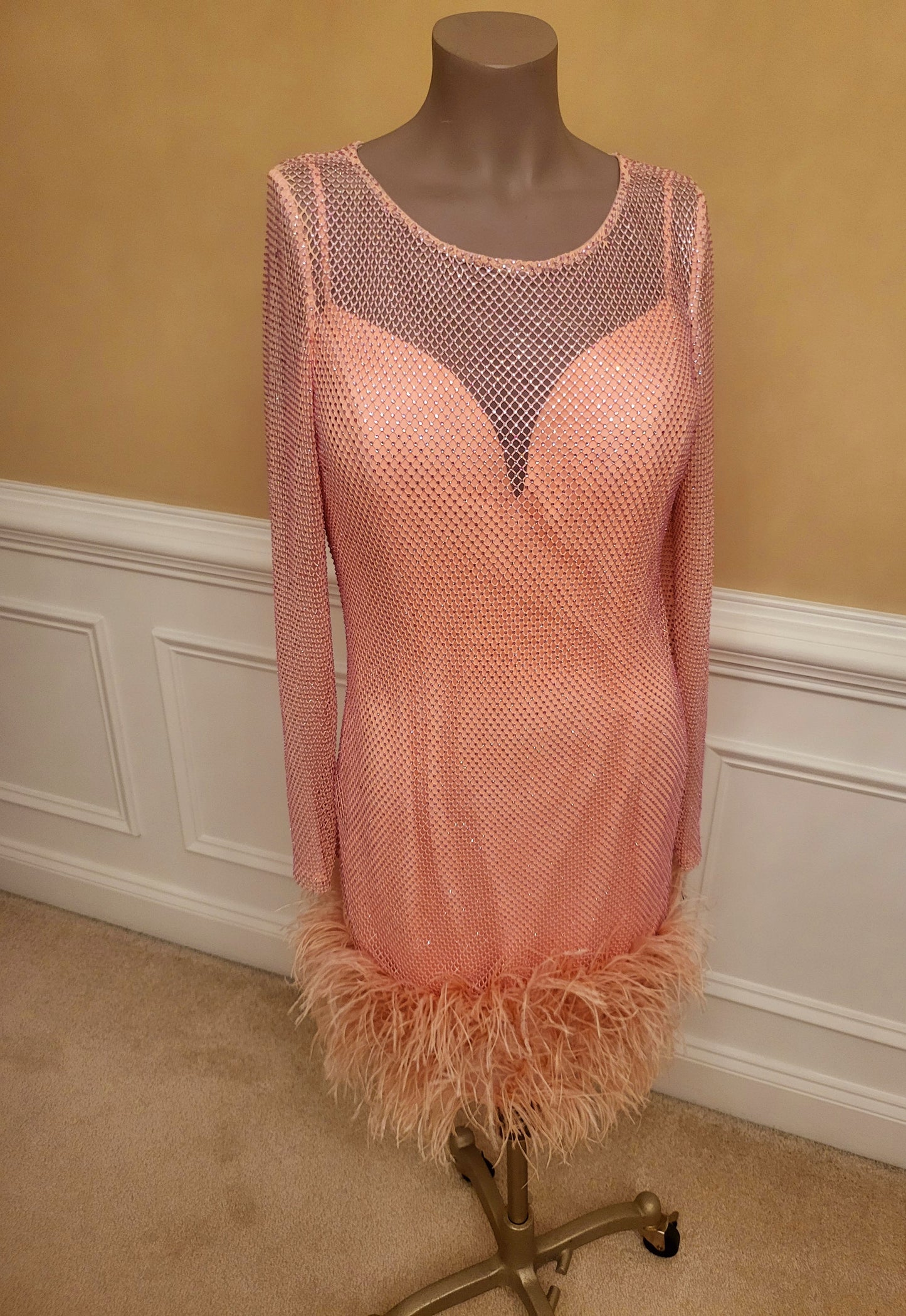 Jovani Pink Sequined Dress with Feathers