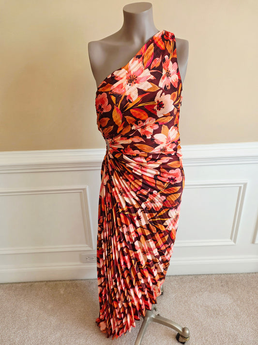 Dress: Orange and Pink Floral Pleated Dress