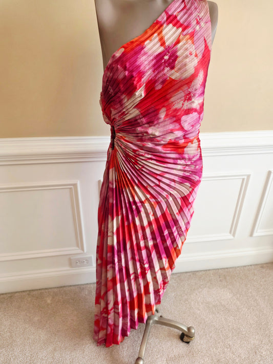 Dress: Pink and Red Pleated Floral Dress