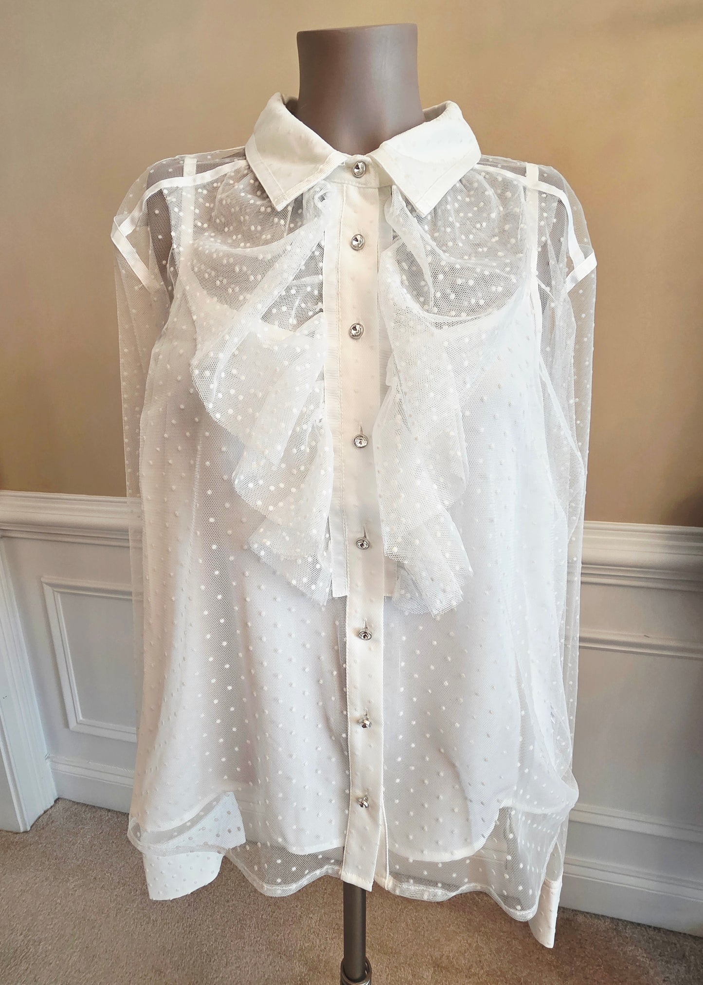 White Long Sleeve Sheer Blouse with Polka Dots and rhinestone buttons