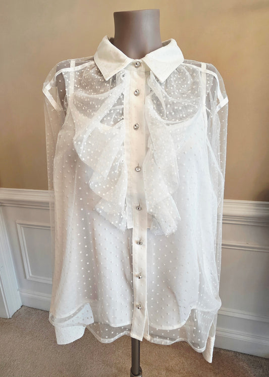 White Long Sleeve Sheer Blouse with Polka Dots and rhinestone buttons