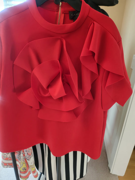 Red Top with Flower Applique Short Sleeves