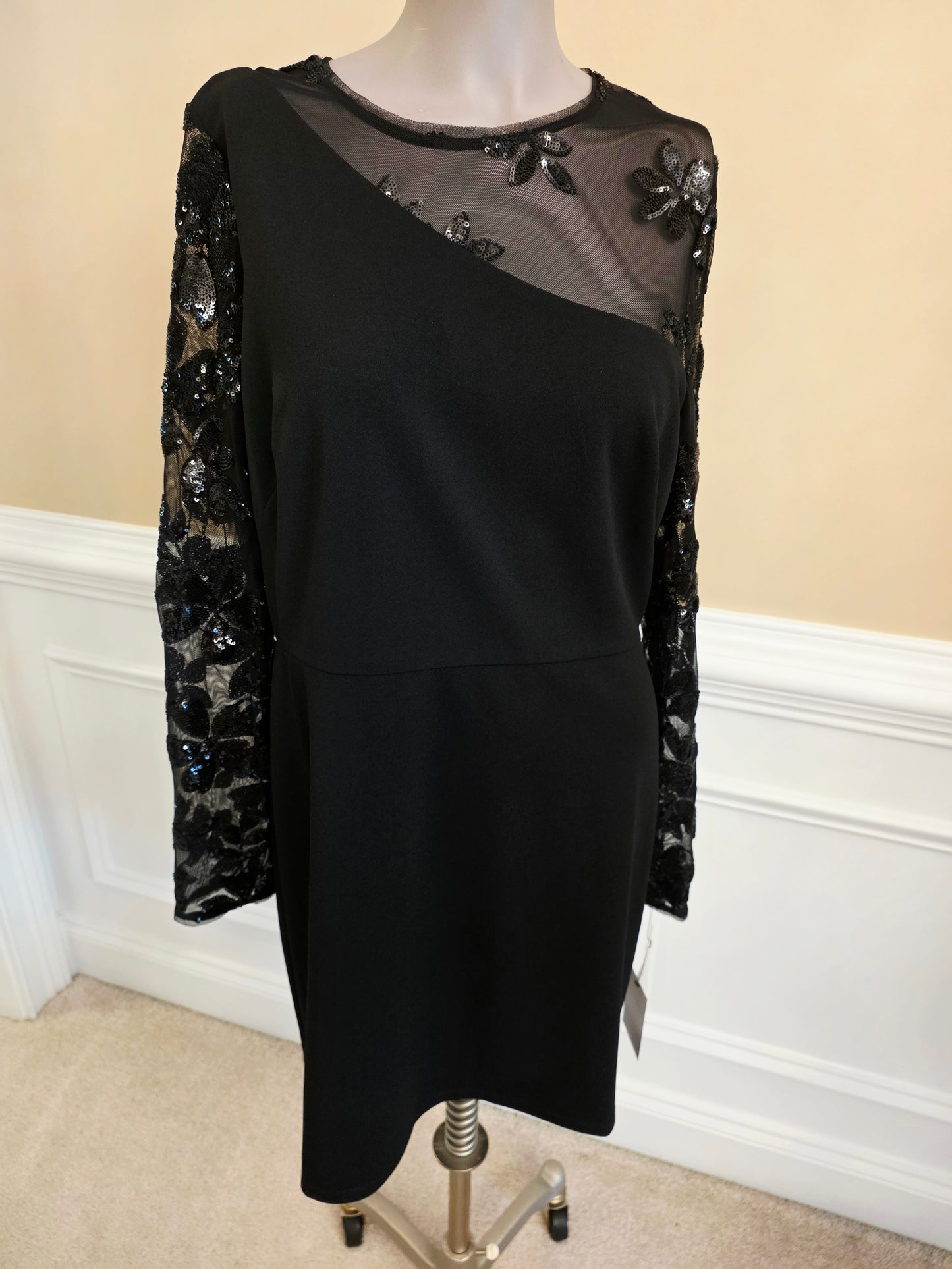 Black Donna Morgan Cocktail Dress with Sequined Sleeves