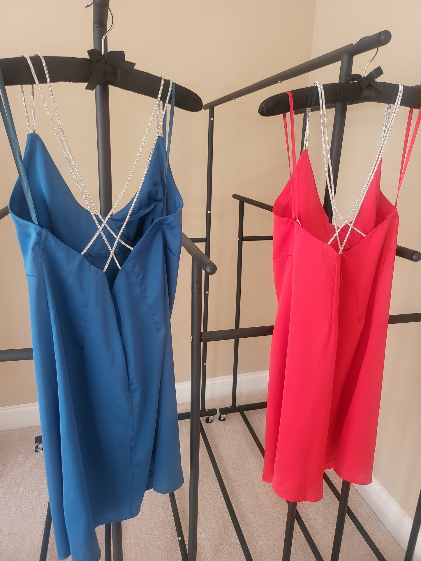 Red/Blue Satin Mini Dresses with Silver Straps
