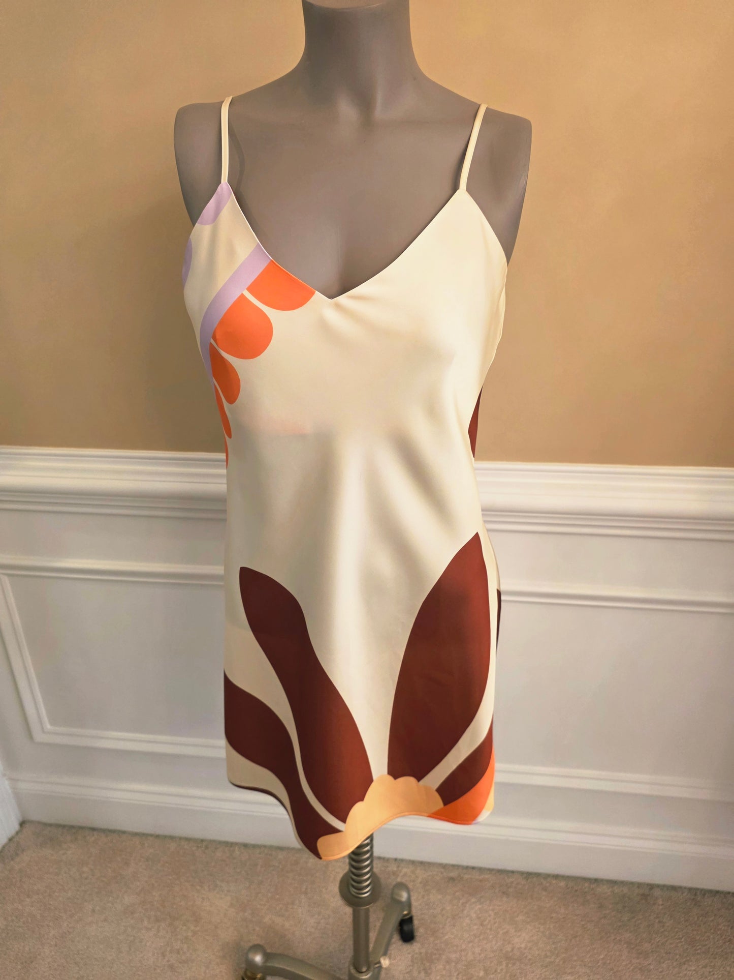 Cream Satin Mini Dress with Accent Print