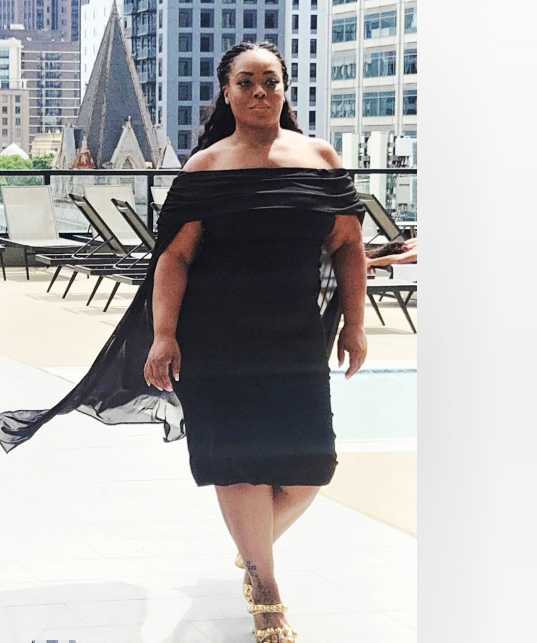 Black Maxi Dress off the Shoulder with Sheer Cape