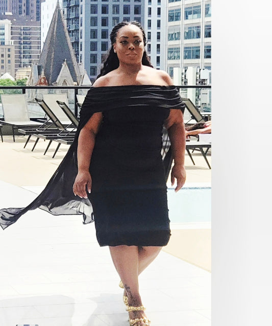 Black Maxi Dress off the Shoulder with Sheer Cape
