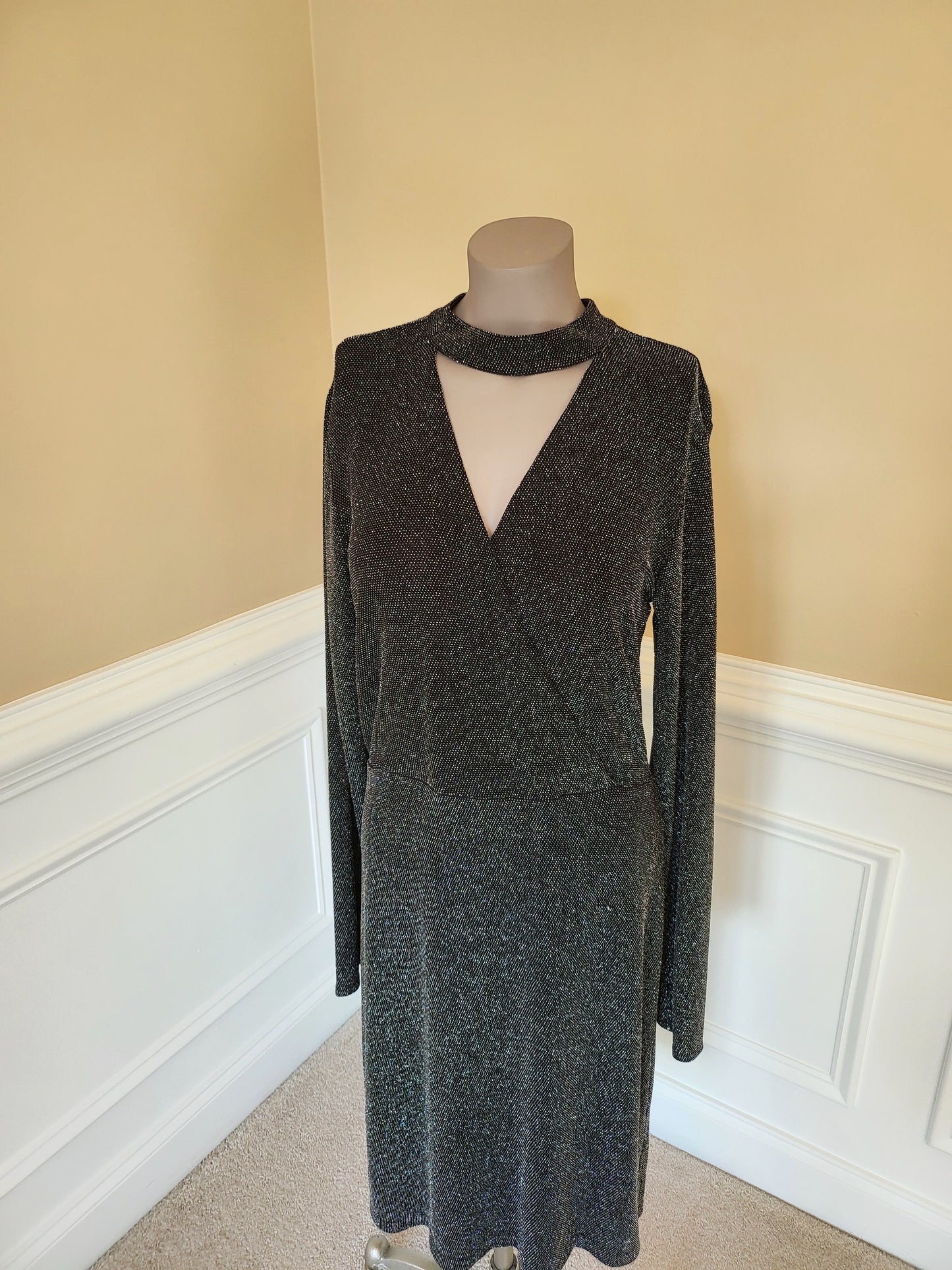 Black and Silver Long Sleeve Cocktail Dress