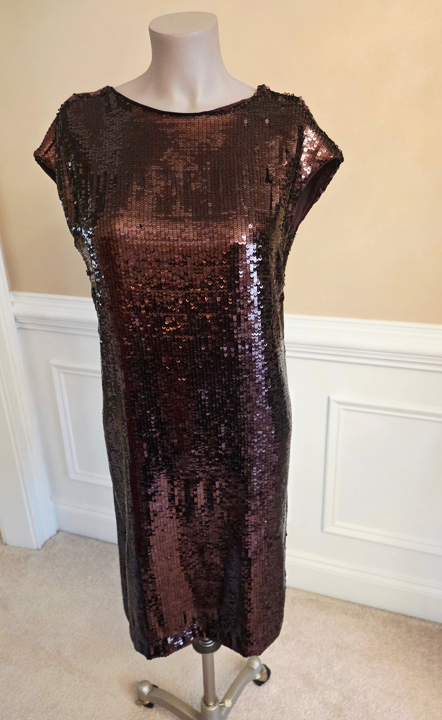 Brown Sequined Dress with V-Neck